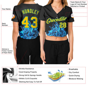 Custom Women's Black Gold-Aqua Flame 3D V-Neck Cropped Baseball Jersey