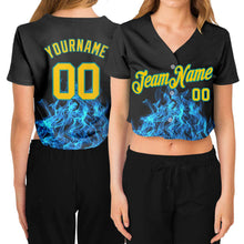 Load image into Gallery viewer, Custom Women&#39;s Black Gold-Aqua Flame 3D V-Neck Cropped Baseball Jersey
