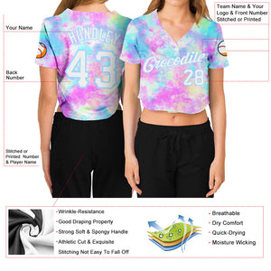 Custom Women's Tie Dye White-Light Blue Watercolor Gradient 3D V-Neck Cropped Baseball Jersey