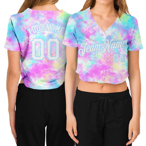 Custom Women's Tie Dye White-Light Blue Watercolor Gradient 3D V-Neck Cropped Baseball Jersey