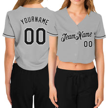 Load image into Gallery viewer, Custom Women&#39;s Gray Black-White V-Neck Cropped Baseball Jersey
