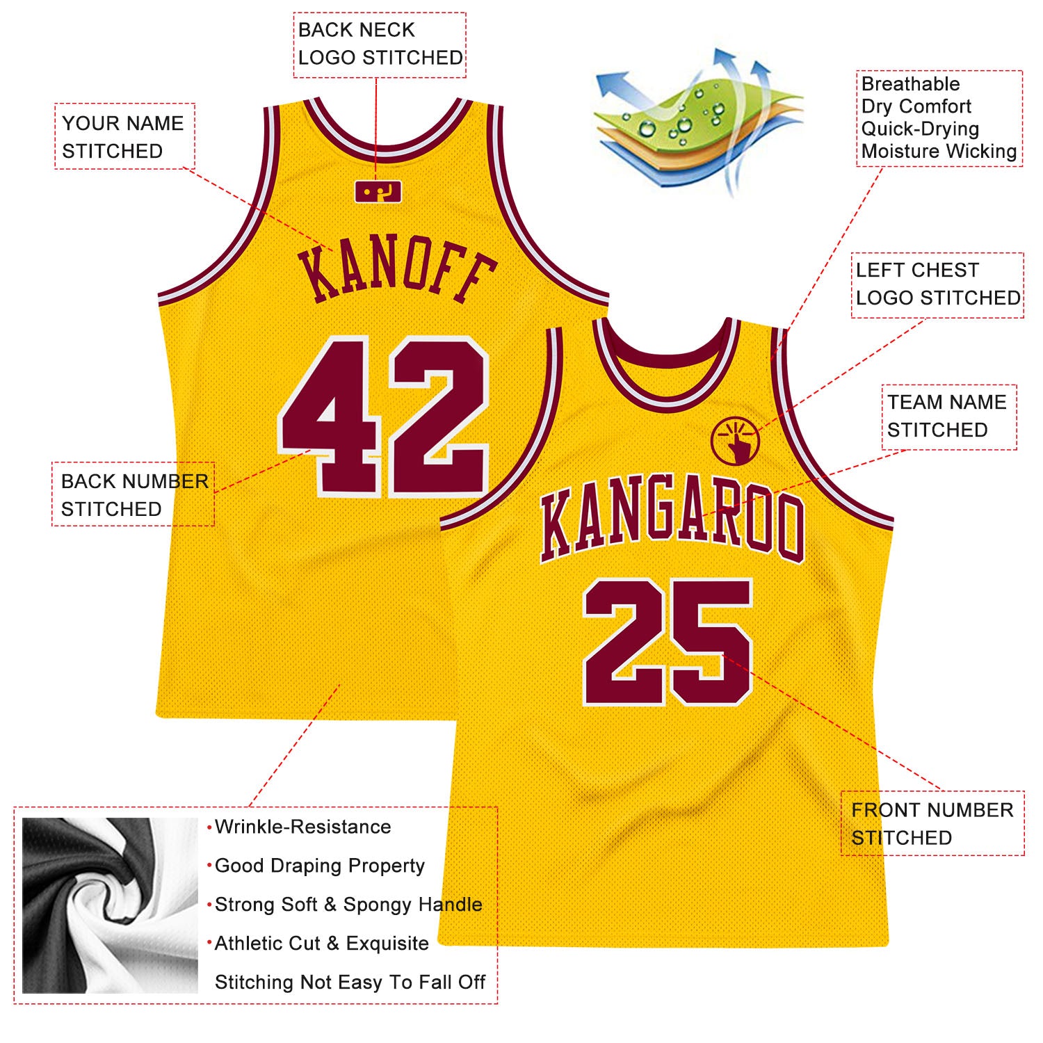 FANSIDEA Custom Maroon White-Gold Round Neck Rib-Knit Basketball Jersey Men's Size:M