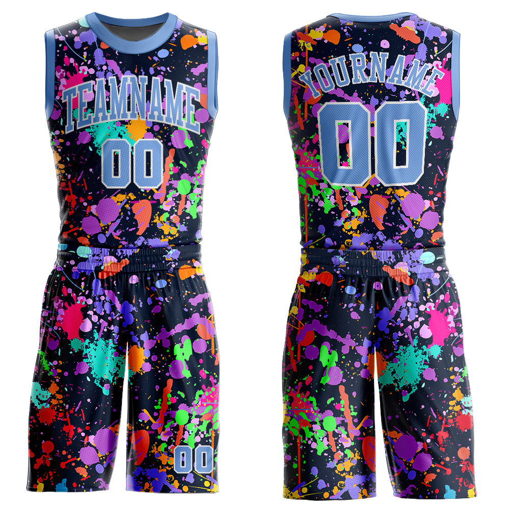 Custom Graffiti Pattern Light Blue-White Round Neck Sublimation Basketball Suit Jersey