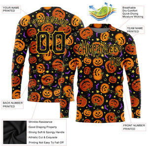 Custom 3D Pattern Halloween Pumpkins Bats Stars Long Sleeve Performance T-Shirt