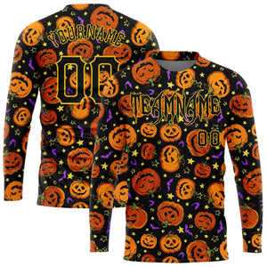 Custom 3D Pattern Halloween Pumpkins Bats Stars Long Sleeve Performance T-Shirt