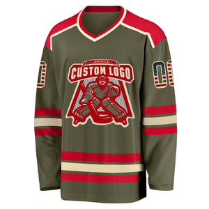 Custom Olive Vintage USA Flag Cream-Red Salute To Service Hockey Jersey