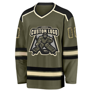 Custom Olive Camo Black-Cream Salute To Service Hockey Jersey