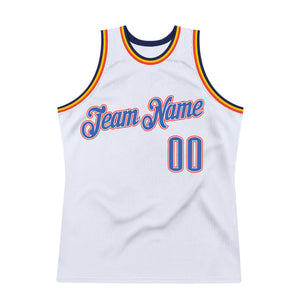 Custom White Blue-Orange Authentic Throwback Basketball Jersey