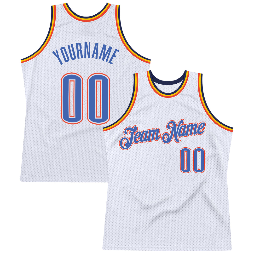 Custom White Blue-Orange Authentic Throwback Basketball Jersey