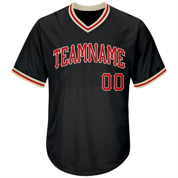 Custom Team Black Baseball Authentic Cream Throwback Shirt Red