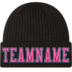 Custom Black Pink-Light Blue Stitched Cuffed Knit Hat