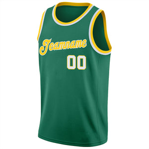 Custom Kelly Green White-Gold Round Neck Rib-Knit Basketball Jersey