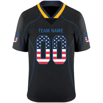 Custom Lights Out Black Powder Blue-Gold USA Flag Fashion Football Jersey