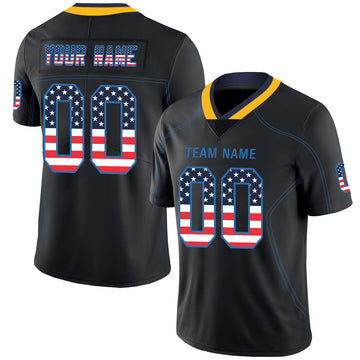 Custom Lights Out Black Powder Blue-Gold USA Flag Fashion Football Jersey