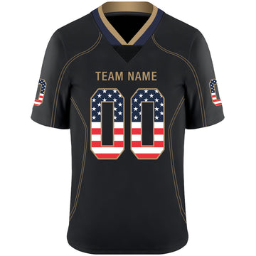 Custom Lights Out Black Old Gold-Navy USA Flag Fashion Football Jersey