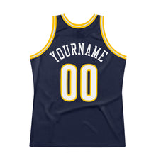 Load image into Gallery viewer, Custom Navy White-Gold Authentic Throwback Basketball Jersey
