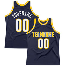 Load image into Gallery viewer, Custom Navy White-Gold Authentic Throwback Basketball Jersey
