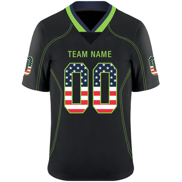 Custom Lights Out Black Neon Green-Navy USA Flag Fashion Football Jersey