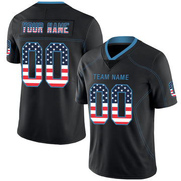 Custom Lights Out Black Powder Blue-Navy USA Flag Fashion Football Jersey