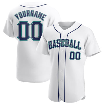 Custom White Navy-Aqua Authentic Baseball Jersey