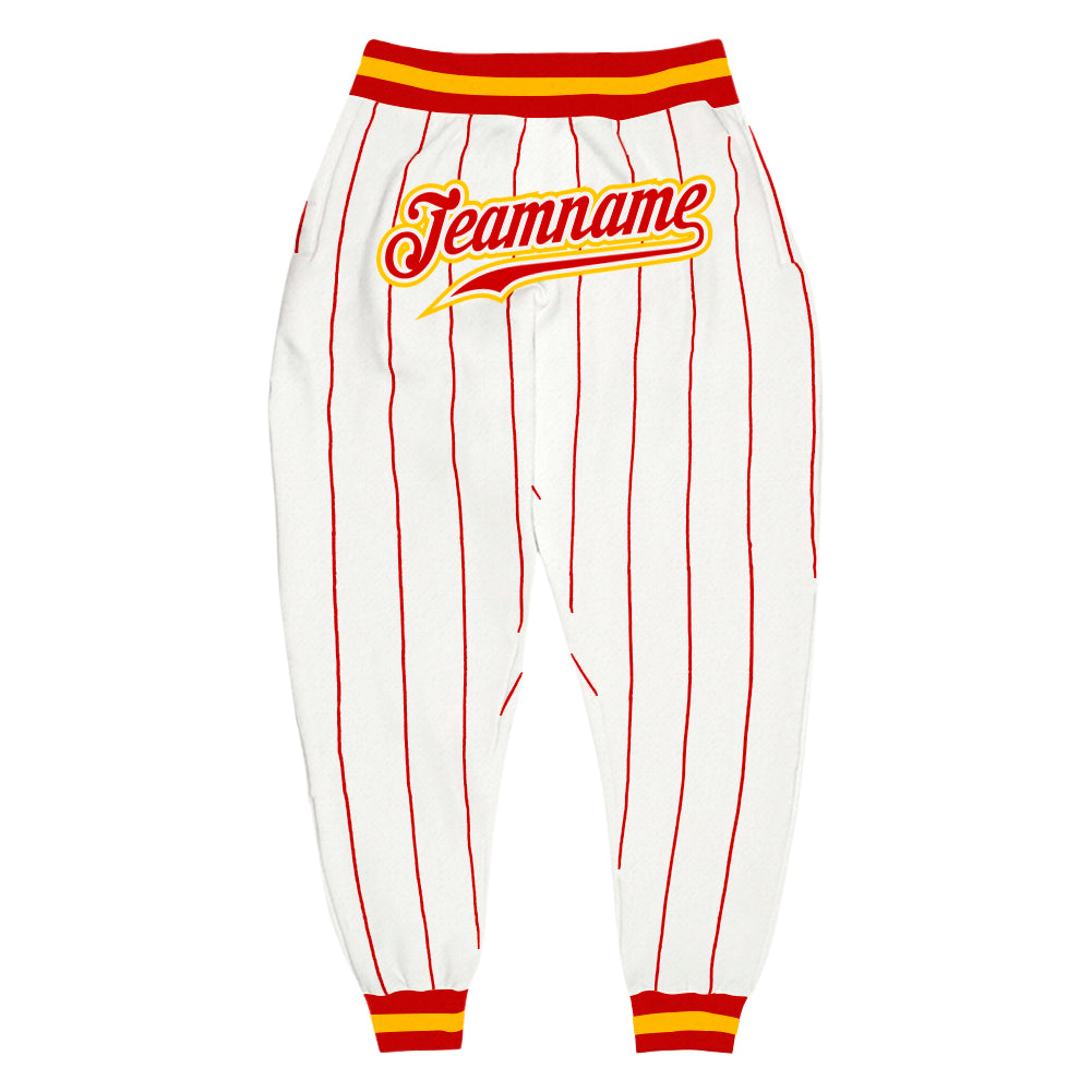 Custom White Red Pinstripe Red-Gold Sports Pants